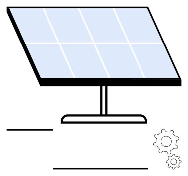 Güneş paneli, yenilenebilir enerji, yenilik, teknoloji, eko-verimlilik ve kaynak yönetimini sembolize eden iki dişliyi temsil ediyor. Sürdürülebilirliğe odaklı kavramlar ve temiz enerji çözümleri için ideal