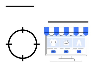 Bilgisayar monitörü çevrimiçi mağaza, spor malzemeleri, araba ikonu gösteriyor. Hedefleme noktası sola doğru. E-ticaret, dijital pazarlama, hedef reklamlar, çevrimiçi alışveriş, iş stratejisi için ideal