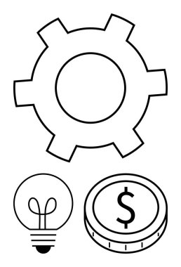 Sistem optimizasyonu için vites, yenilikçi fikirler için ampul, finansal büyüme için bozuk para. İş stratejisi, yaratıcılık, verimlilik, girişimcilik, mali planlama, üretkenlik için ideal