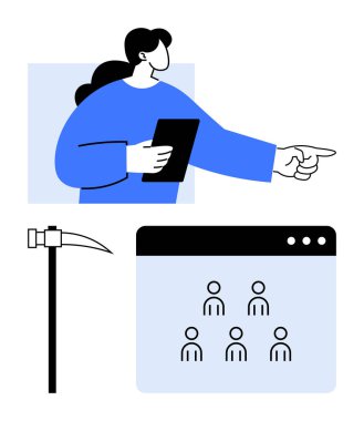 Woman holding a tablet gestures toward interface with user group icons and pickaxe graphic. Ideal for teamwork, leadership, data mining, online collaboration, resource management, workforce, abstract clipart