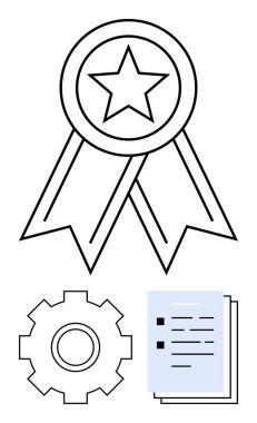 Yıldız, vites simgesi ve kontrol listesi ile ödül kurdelesi başarıyı, işlem verimliliğini ve görev tamamlamayı simgeler. Başarı, üretkenlik, kalite güvencesi, planlama amaçlı takım çalışması için ideal