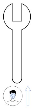 Yüz tarama ikonu ve yukarı doğru ok üzerinde büyük bir anahtar. Onarım, teknoloji, ilerleme, gelişme, analiz, optimizasyon ve yenilik için ideal. Soyut çizgi düz metafor