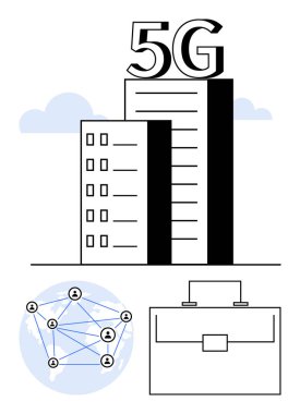 5G mesajı olan yüksek katlı ofis binası, bir daire içinde birbirine bağlı ağ düğümleri ve bir iş çantası. Yenilik, bağlantı, iş büyümesi, telekom, teknoloji ve şehir için ideal