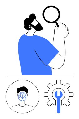 Büyüteç, yüz tanıma simgesi ve dişli sembolü kullanarak inceleme yapan bir adam. Yapay zeka, güvenlik, veri analizi, sorun çözme, teknoloji, araştırma soyut metaforu için ideal