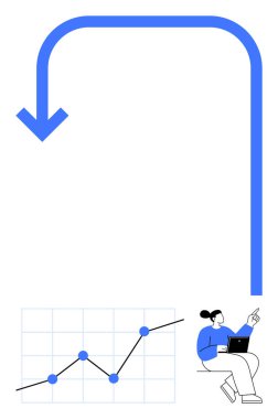 Artan grafik ve dizüstü bilgisayarla çalışan kişi ile mavi ok grafiğe doğru kıvrılıyor. İş stratejisi, büyüme, ilerleme, analiz, veri eğilimleri, profesyonel kalkınma, soyut çizgi düz