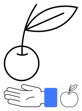 Elin, yapraklı ve küçük elmalı vişneye uzanıyor. Temalar için ideal sağlık, gıda, doğa, verme, tazelik, büyüme ve bakım. Satır metaforu