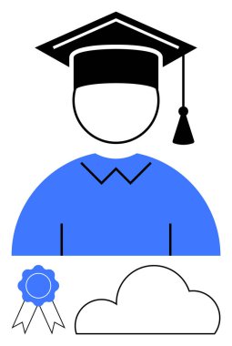 Bir kep ve cübbe, bir ödül kurdelesi ve umutları ve başarıyı simgeleyen bir bulut takmış meçhul mezun. Eğitim, başarı, başarılar, üniversite etkinlikleri, öğrenci tanıma için ideal