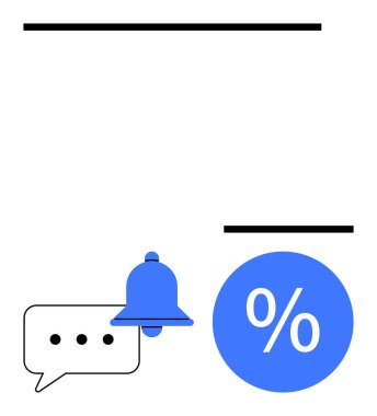 Uyarı zili, noktalı mesaj balonu ve siyah yatay çizgilerle çevrili mavi yüzde işareti. İletişim, uyarı, bildirim, güncelleme, hatırlatma indirimleri için ideal