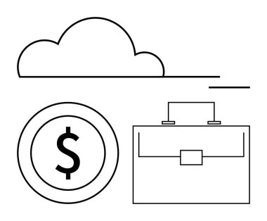 Bulut, dolar işareti ve evrak çantası tasarımı. Finans, iş büyümesi, teknoloji, bulut depolama, dijital ekonomi için ideal minimum grafikler. Soyut çizgi düz metafor