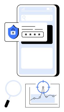 Kalkan kilidi simgesi, şifre alanı, büyüteç ve analitik şeması olan mobil ekran. Siber güvenlik, veri koruması, mobil uygulamalar, araştırma ve teknoloji analizleri için ideal.