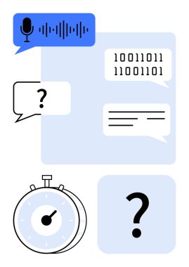 Ses dalgalı mikrofon, ikili mesajlı sohbet baloncukları, zamanlayıcı ve soru işaretleri. Yapay zeka, makine öğrenme, kodlama, konuşma analizi, problem çözme zaman yönetimi soyut satırı için ideal