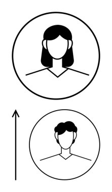 Yuvarlak çerçeveli iki profil simgesi yukarı doğru bir okla birbirine bağlı. Büyüme, geçiş, değişim, dönüşüm, ilerleme, kimlik, evrim için idealdir. Satır metaforu