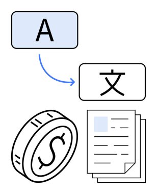 Bir ok, para ve belgeleri sembolize eden para yoluyla farklı bir betiğe geçişler. Küresel iletişim, lokalizasyon, finans, çeviri, teknoloji ve iş için ideal
