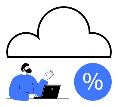 Bir dizüstü bilgisayarda çalışan iş adamı, büyük bir bulut simgesine doğru hareket ediyor, bulut hesaplamasını gösteriyor. Büyük mavi yüzde sembolü. Teknoloji, veri, finans, yenilik ve bulut hizmetleri için ideal