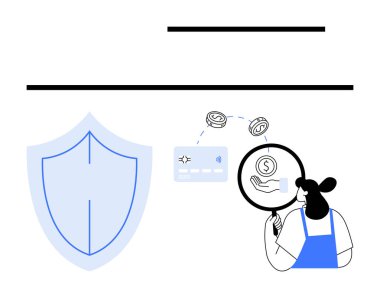 Banka çalışanı doları inceliyor, büyüteçle dijital işlemler, güvenlik için kalkan simgesi. Banka, finans, güvenlik, teftiş, risk yönetimi ve fintech güvenliği için ideal