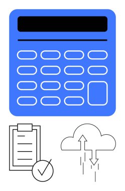 Düğmeli mavi hesap makinesi, işaretli kontrol listesi ve yükleme ve indirme için okları olan bulut. Finans, bütçe, organizasyon, bulut hesaplama, üretkenlik ve iş için ideal