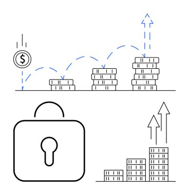 Sikkeler yukarı doğru basamaklar oluşturur, kilit güvenliği simgeler, oklar büyümeyi simgeler. Finansal planlama, yatırımlar, tasarruflar, fintech, ekonomik trendler, iş hedefleri soyut düz metafor