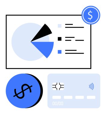 Veri analizi, ödeme kartı ve dolar simgesiyle sadeleştirilmiş turta tablosu. Finans raporları, bütçe, yatırım, fintech, analitik, masraf izleme soyut hattı için ideal