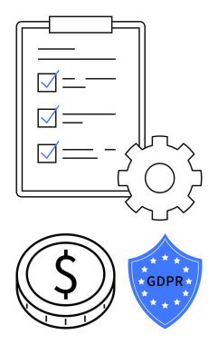 Pano, teçhizat, dolar parası, GDPR kalkanı olan kontrol listesi. Veri gizliliği, düzenlemeler, güvenlik, uyum, finans verimliliği soyut çizgi düz metaforu için idealdir