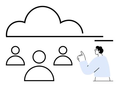 Üç kişi üzerinde bulut grafiği ve yukarı bakan, işbirliğini, dijital depolamayı ve takım çalışmasını temsil eden bir figür. Teknoloji, ağ, veri paylaşımı ve bağlantı için ideal