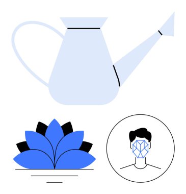 Büyümeyi desteklemek için sulama kutusu, doğa ve farkındalık için çiçek açmak, yapay zeka ve teknoloji için yüz tanıma ikonu. Sürdürülebilirlik, refah, yenilik, doğa, büyüme, kendine bakım için ideal