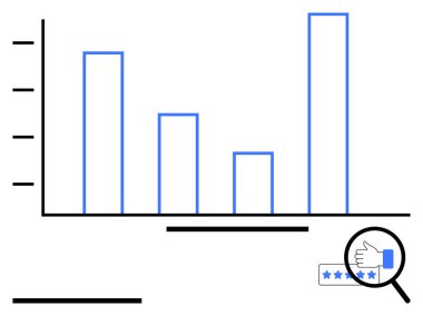 Büyütülmüş başparmak ikonu ve yıldız reytingleri olan dikey bar tablosu. Analiz, geri bildirim, veri görselleştirme, başarı ölçümleri, performans değerlendirmesi, pazarlama raporları, soyut düz çizgi