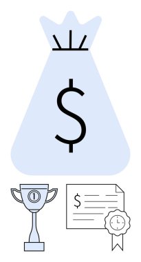 Altında dolar işareti kupası ve başarı sertifikası olan büyük para çantası. Başarı, başarı, finansal kazanç, rekabet, tanınma, ödüller, motivasyon temaları için idealdir. Soyut satır düzlüğü