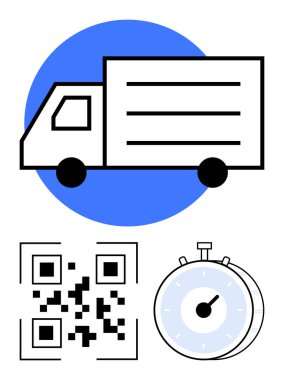 Teslimat kamyonu ikonu, QR kodu ve kronometre hızlı nakliye, dijital izleme ve lojistik teknolojisini ön plana çıkarıyor. Teslimat hizmetleri, e-ticaret, küresel taşımacılık, verimlilik zaman yönetimi için ideal