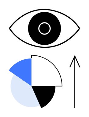 Pasta grafiğinin üstündeki göz simgesi farklı renklerde, yukarı bakan okun yanında. Veri analizi, büyüme izleme, vizyon, iş anlayışı, istatistik, finans, ilerleme için ideal