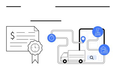 Mühür ve saat, kronometre, teslimat kamyonu ve haritalı tablet ve fabrika, depo ve arama işlevleri için ikonlar. Lojistik, zaman yönetimi, teslimat izleme arzı için ideal