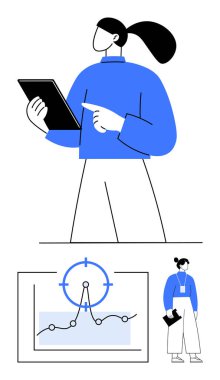 Elinde tablet olan bir kadın, verileri analiz ediyor. Odak noktaları, çizgi çizelgesi ve profesyonel kıyafeti olan görsel bir grafik içerir. Veri analizi, liderlik, üretkenlik, iş anlayışı için ideal dijital