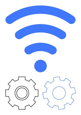 İki siyah ana hatlı dişlinin üstündeki mavi kablosuz sinyal simgesi kablosuz iletişimi, cihaz entegrasyonunu ve sistem optimizasyonunu sembolize ediyor. Teknoloji, ağ, IOT, IT sistemleri, otomasyon için ideal