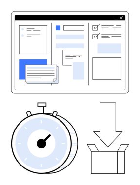 Görev listeleriyle arayüz, zaman takibi için kronometre ve kutu indirme simgesi. Üretkenlik, verimlilik, görev yönetimi, otomasyon, zaman izleme, yazılım platformları için ideal soyut çizgi