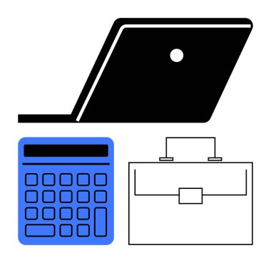 Dizüstü bilgisayarı, mavi hesap makinesini ve ana hatlı çantayı aç. İş, finans, verimlilik, iş yeri araçları, kariyer odaklı hesaplamalar için ideal. Soyut çizgi düz metafor