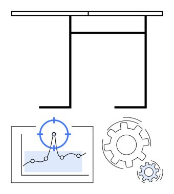 Nokta odaklı veri grafiği, süreci sembolize eden dişliler ve yapılandırılmış tablo taslağı. Teknoloji, analitik, işlem yönetimi, takım çalışması, işlemler, veri içgörüleri için ideal soyut çizgi