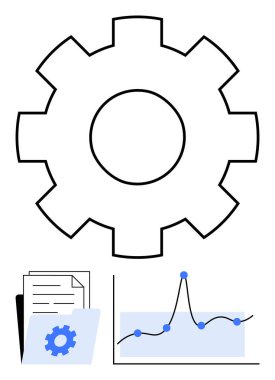 Belgeler ve çizgi grafiği olan büyük dişli sembolü klasörü. Üretkenlik, organizasyon, verimlilik, teknoloji, veri analizi, iş büyümesi, yenilik için idealdir. Satır metaforu