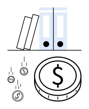Büyük para ve düşen para üzerindeki belgeleri temsil eden klasörler. Finans, muhasebe, muhasebe, tasarruf, yatırım, vergi ve bütçe için ideal. Soyut çizgi düz metafor