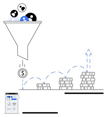 Kullanıcıları dolar işaretlerine filtreleyen huni, daha yüksek kümelere istiflenen madeni paralar ve hareketli bir ekran. Pazarlama, satış, lider nesil, ecommerce, başarı ölçümleri, ROI soyut çizgisi için ideal
