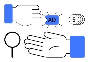 Eller AD tuşu, bozuk paralar ve büyüteçle etkileşime giriyor. Dijital pazarlama, çevrimiçi reklamlar, her tıklama için ödeme, ROI, arama motorları kullanıcı bağlanma web sitesi monetizasyonu için ideal. Satır metaforu