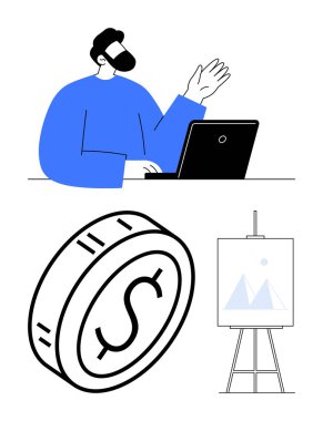 Bilgisayarda sanal toplantı yapan kişi, finansı temsil eden büyük para ve çizelgelerle resim sehpası. İş stratejileri, uzak çalışma, çevrimiçi iletişim, yaratıcılık ve finansal planlama için ideal
