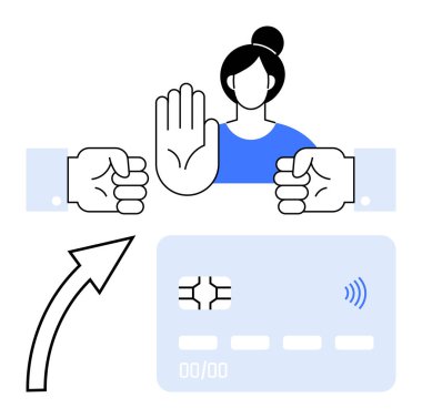 Woman raises hand to stop unauthorized actions near a credit card. Arrows indicate functionality flow. Ideal for payment security, digital safety, personal boundaries, fraud prevention, data clipart