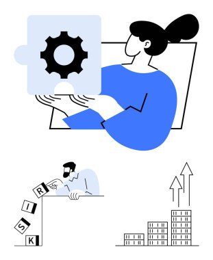 Kadın dişli bulmaca parçası tutuyor, adam düşen blokları yönetiyor risk etiketli, ve yükselen iş büyütme çubuğu tablosu. Strateji, planlama, takım çalışması, yenilik, karar verme, risk analizi için ideal