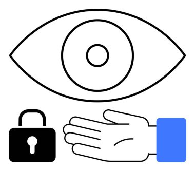 Large stylized eye, hand with blue sleeve, and padlock. Ideal for security, privacy, surveillance, protection, access control vigilance data safety. Line metaphor clipart