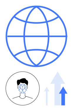 Bağlı çizgileri olan dünya, yüz tanıma simgesi, yukarı doğru oklar. Yapay zeka, bağlantı, yüz biyometrisi, teknolojik ilerleme, küresel iletişim, yenilik soyut çizgi düz metafor için idealdir