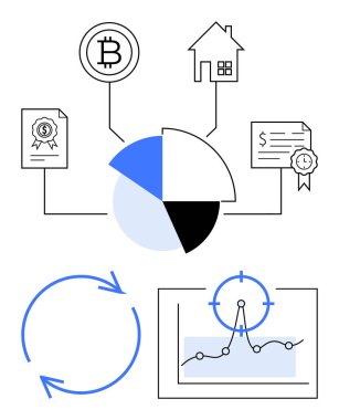 Bitcoin 'i, gayrimenkulleri, sertifikaları ve sözleşmeleri birbirine bağlayan pasta grafiği. Dairesel akış ve analiz grafiği ilerlemeyi, dağılımı ve eğilimleri vurgular. Finans ve yatırım planlaması için ideal