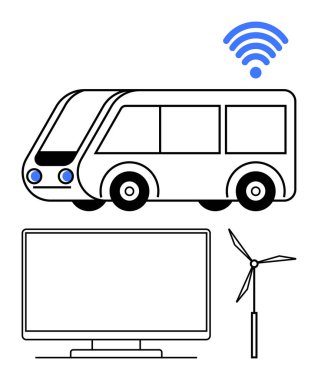 Kablosuz bağlantıya, TV ekranına ve akıllı teknoloji entegrasyonunu temsil eden rüzgar türbinine sahip elektrik otobüsü. Ulaşım için ideal, yenilenebilir enerji, dijital bağlantı, kentsel planlama, yeşil