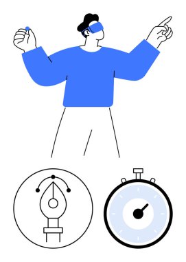 Mavi gömlekli adam. Kronometre ve tasarım aracı sembolleri. Üretkenlik için ideal yaratıcılık, zaman yönetimi, tasarım, planlama, verimlilik, odaklanma. Satır metaforu