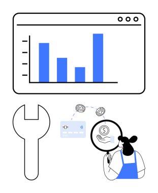 Büyük bir anahtar, bar grafiği, elinde büyüteç, para ve kredi kartı olan bir kadın gibi iş aletleri. İş analizi, mali planlama, ekonomik büyüme ve yatırım için ideal