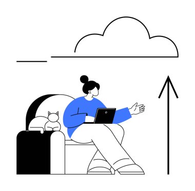 Dizüstü bilgisayarı ve kedisi olan bir kadın, bir bulutun yanındaki yukarı doğru büyük bir oku işaret ediyor. Üretkenlik, uzak çalışma, teknoloji, tahmin, büyüme, gelecek planlama ve yenilik için ideal