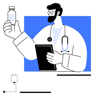 Doktor elinde tablet, boynunda steteskop, yanında serum varken ilaç şişesini inceliyor. Sağlık, tıp bilimi, ilaç endüstrisi, tanı, teletıp, modern